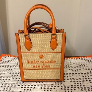 kate spade Natural Straw Mini Tote with Orange Trim